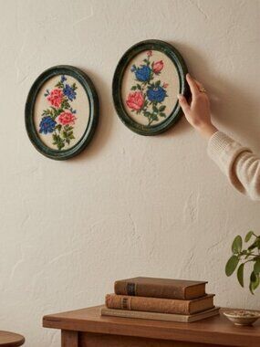 2 Vintage Oval Decoupage Framed Handmade Needlepoint Flowers Floral Artwork Boho